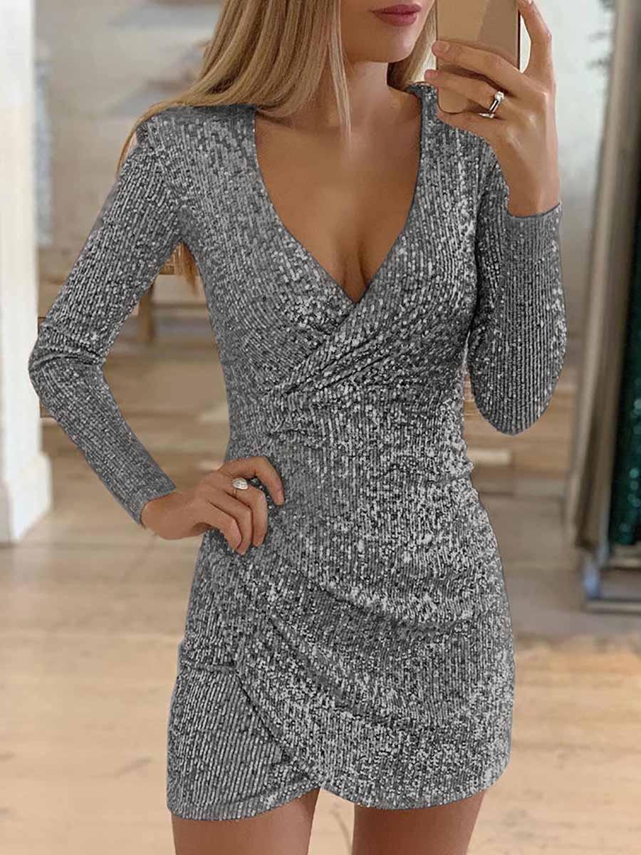 V-Neck Irregular Sequin Party Dress(9 colors)