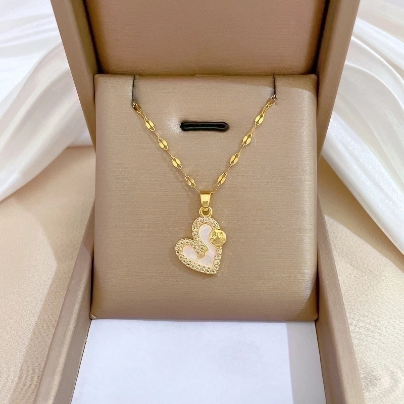 2 Pieces Minimalist Classic Style Geometric Heart Shape Titanium Steel Copper Zircon Pendant Necklace In Bulk