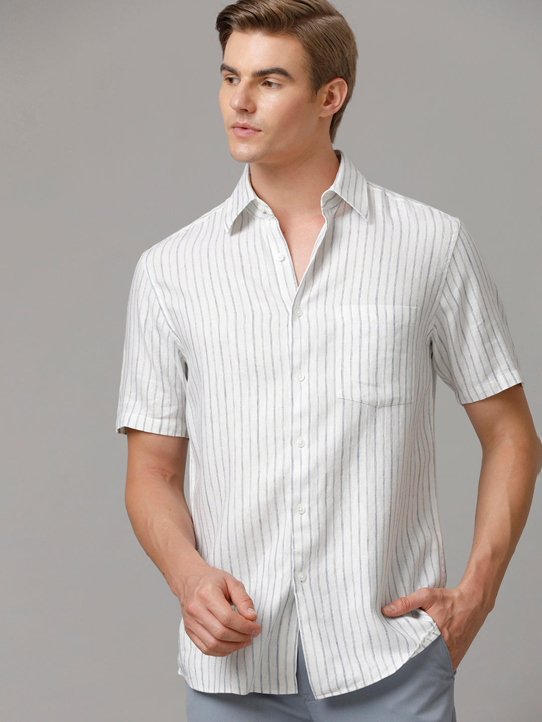 Men Stripes Casual White Shirt (LAINE)