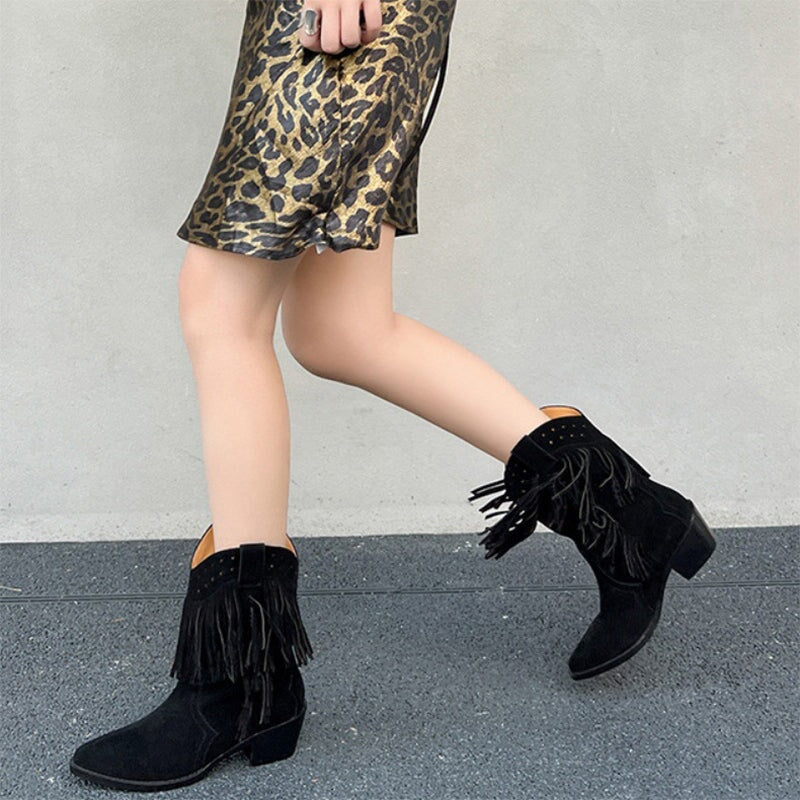 Western Point Toe Cowgirl Boots With Tassels Handmade Boots in Black/Brown/Coffee