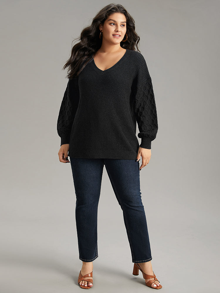 Solid Cable Knit V Neck Drop Shoulder Pullover