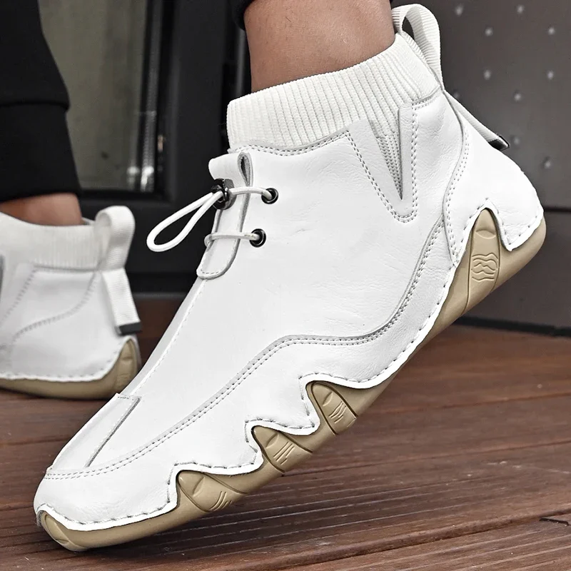 business New Men's Genuine Leather Shoes Ankle Boots 2024 Men Sneakers Outdoor Light Lace-Up Casual Shoes Fashion Loafers White Boots