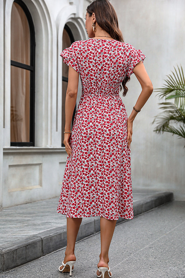 Floral Print V Neck Frill Casual Dress