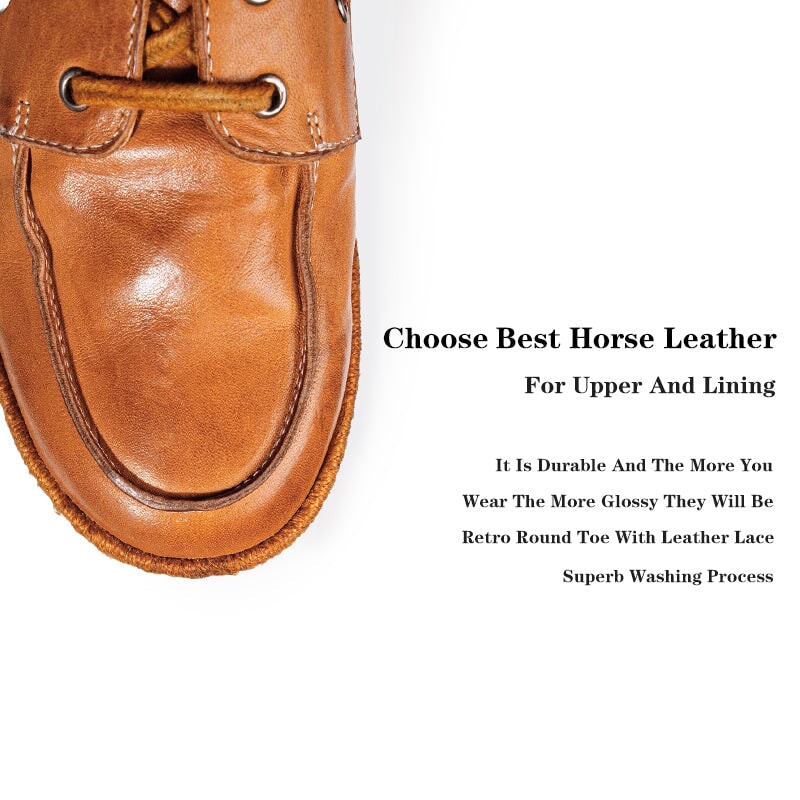 Vintage Washed Horse Leather Boat Shoes Handcrafted Casual Loafers for Women in Black/Pumpkin