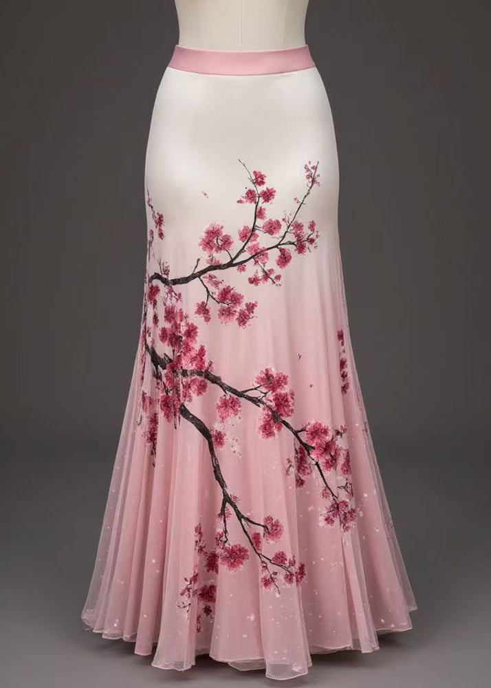 Art Pink Print High Waist Tulle Skirts Summer