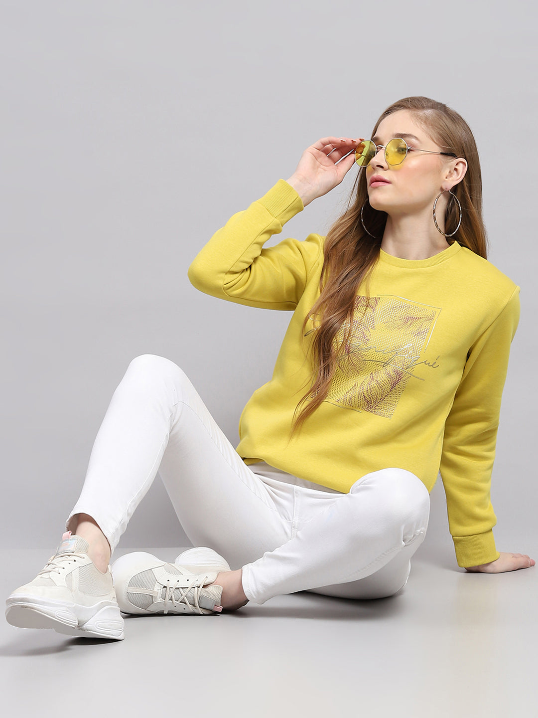 Women Yellow Printed Round Neck Full Sleeve Sweatshirt