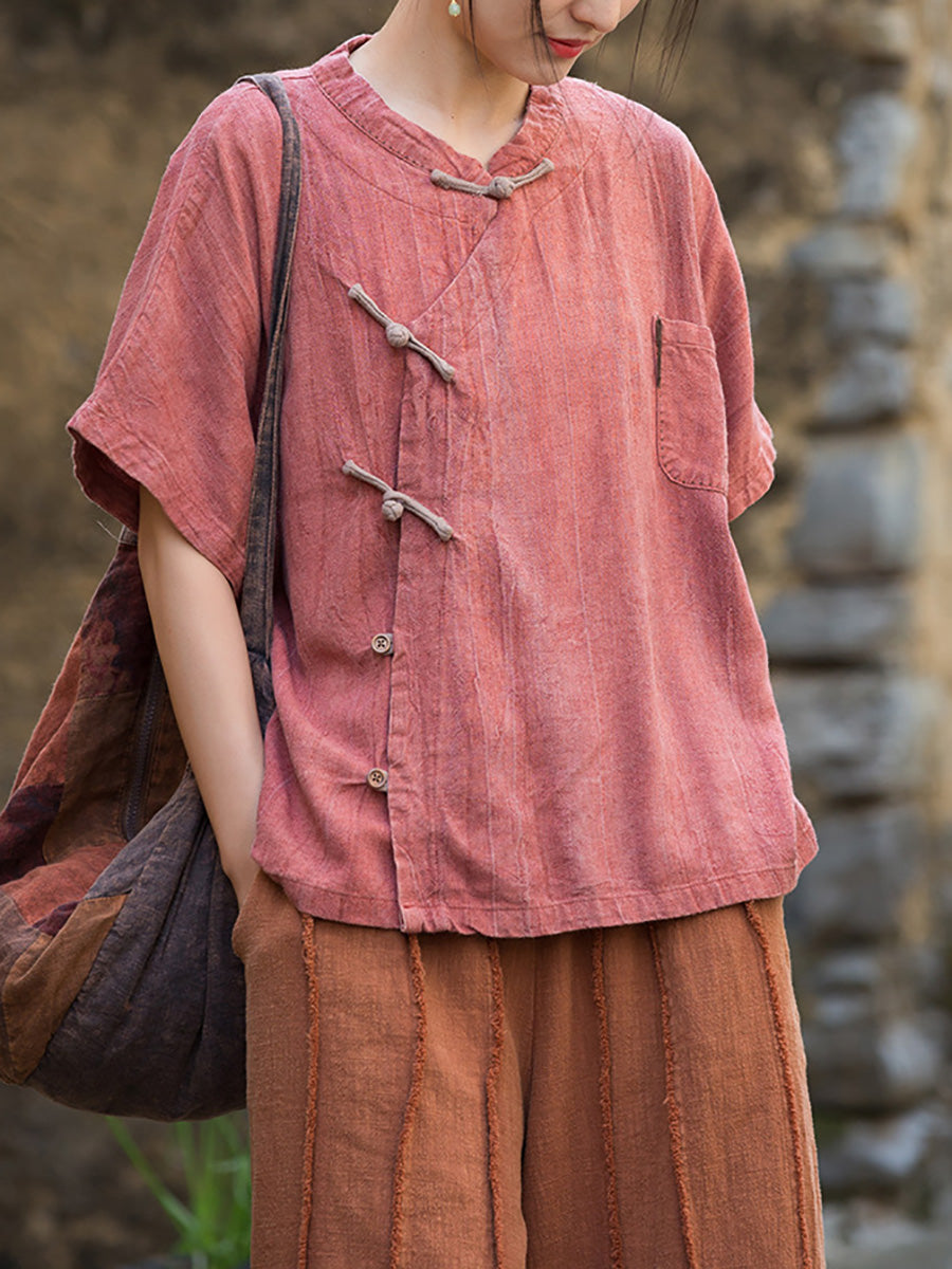 Women Summer Ethnic Pure Color Stand Collar Linen Shirt