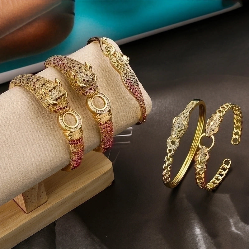 2 Pieces Hip-hop Leopard Copper 18k Gold Plated Pearl Zircon Bangle In Bulk