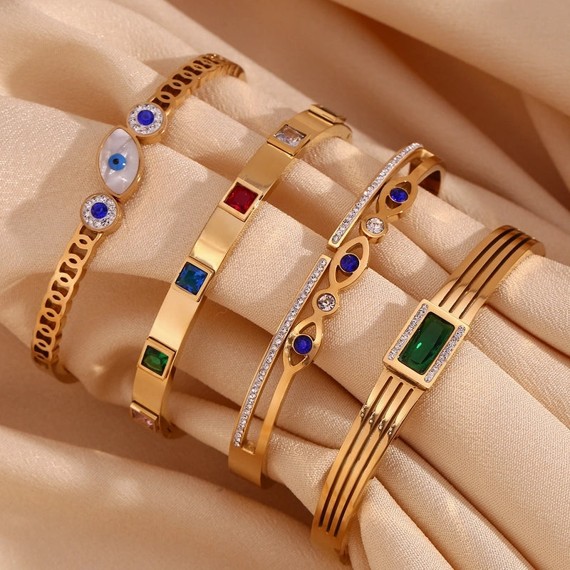 Classic Style Devil's Eye Stainless Steel Plating Inlay Rhinestones 18k Gold Plated Bangle