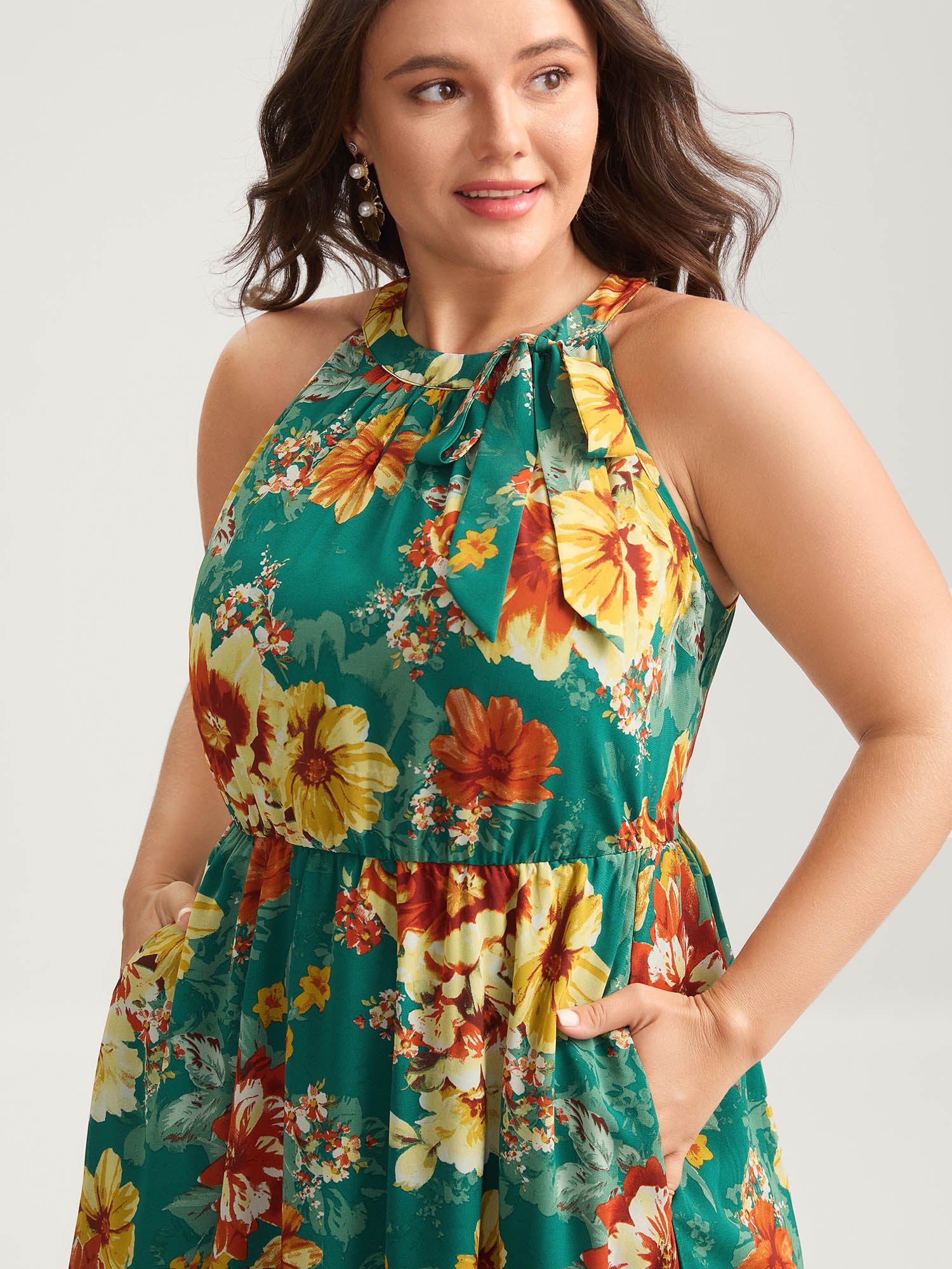 Large Floral Print Stretchy-Waist Midi Dress