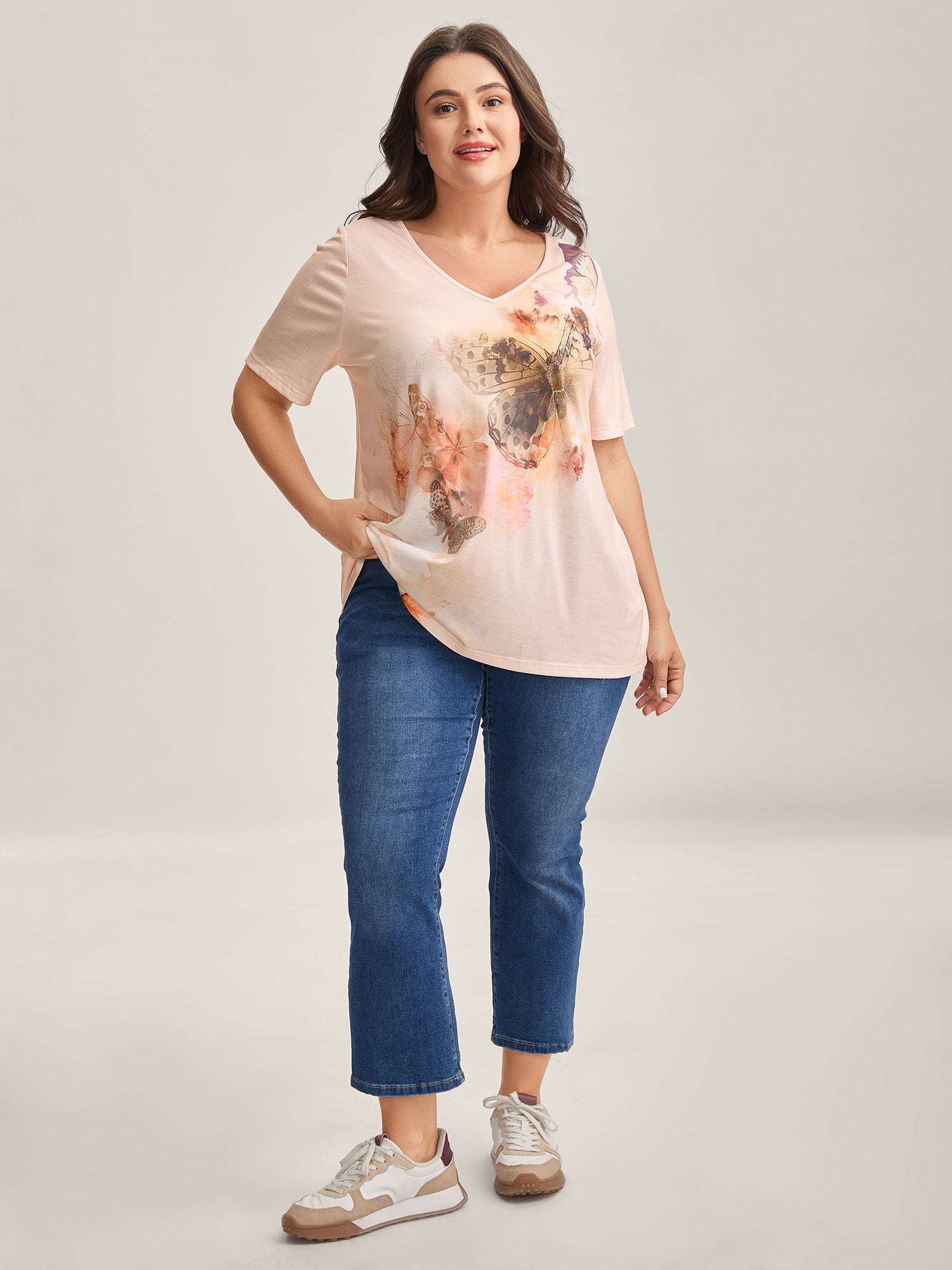 Stretchy Butterfly Print V Neck T-Shirt