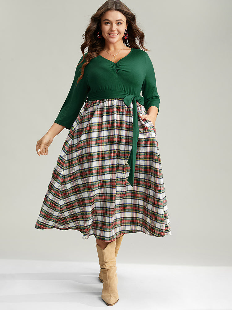 Christmas Plaid Patchwork Ruched Belted Dress