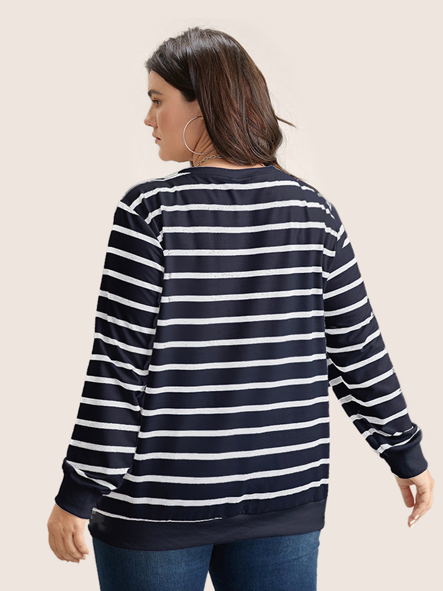 Rib Knit Striped Round Neck Sweatshirt