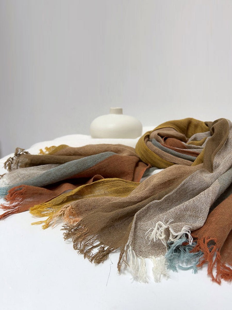 Women Vintage Colorblock Stripe Tassel Cotton Linen Scarf