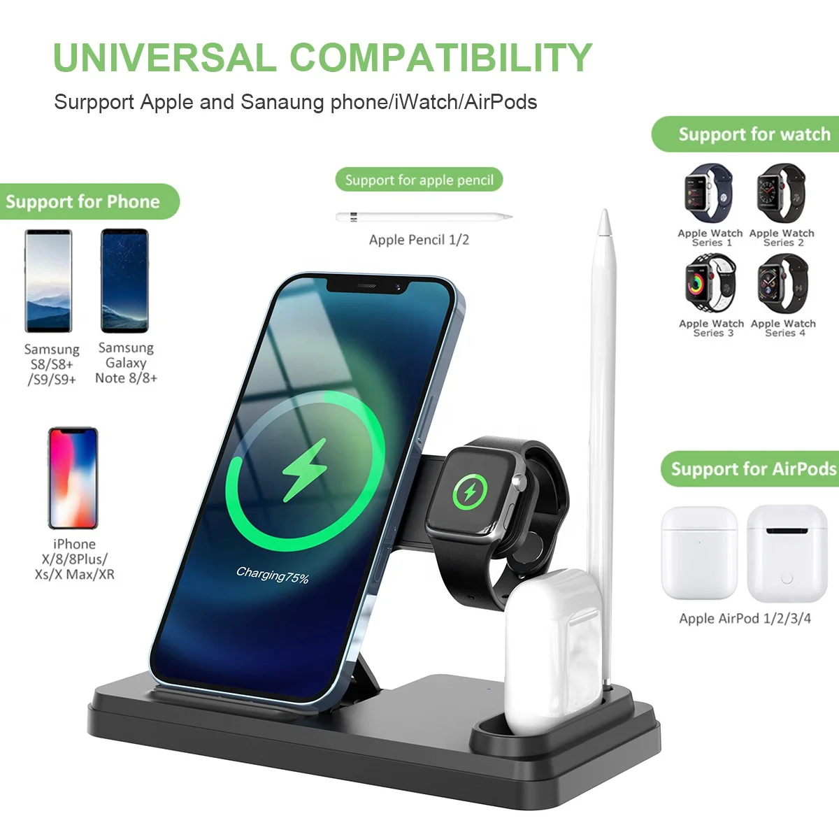 2024 Hot Sales Custom Logo Folding 15W Fast Charging Portable Stand Holder For Phone 14  ProMax  4 in 1 Charger