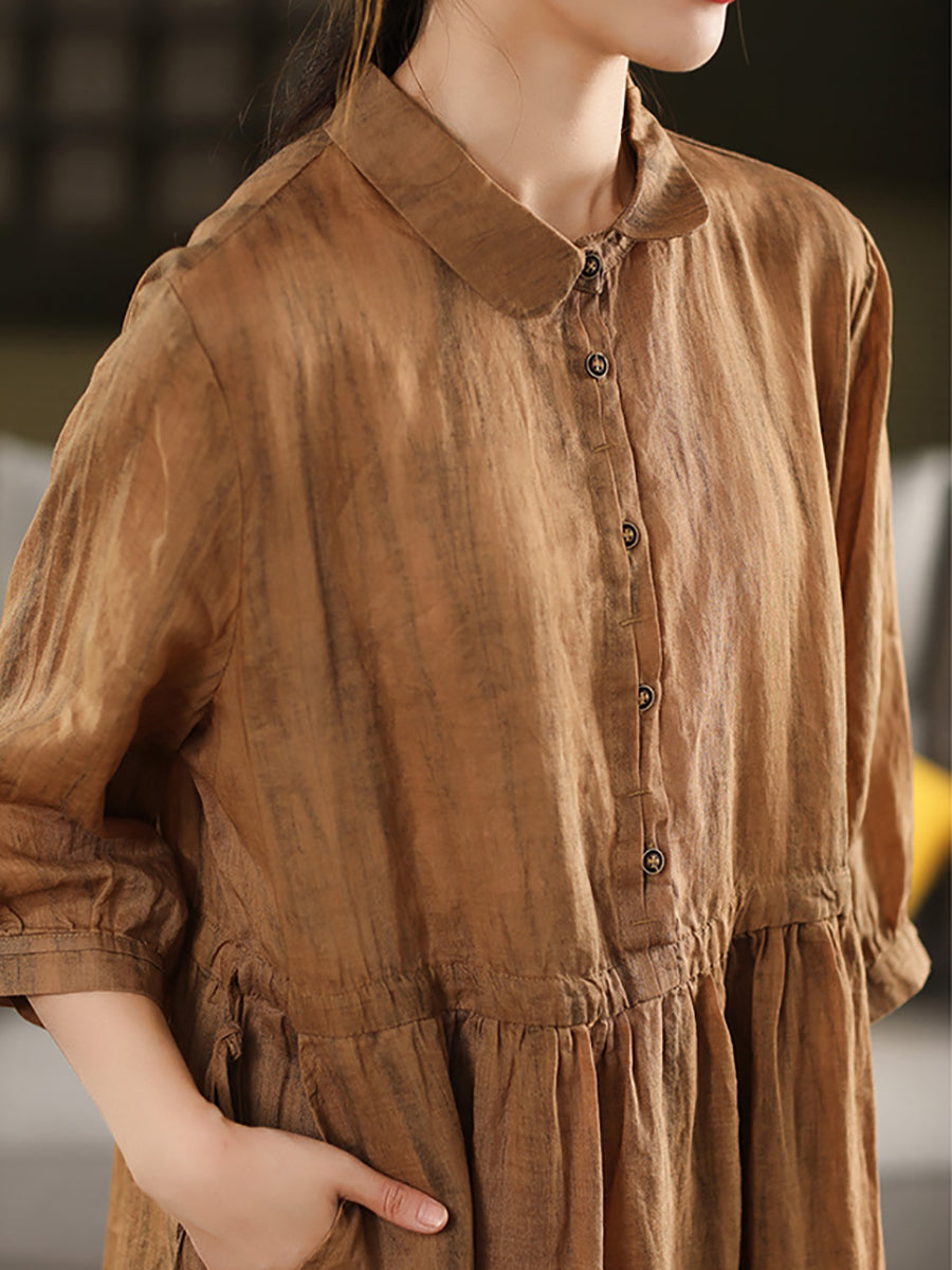 Women Summer Vintage Turn-down Collar 100%Ramie Dress