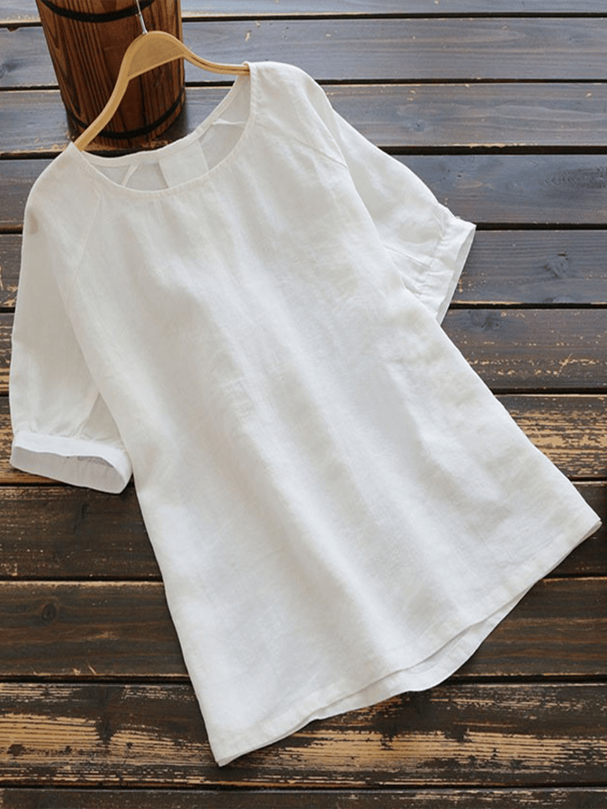 Women's Solid Color Patchwork Round Neck Cotton Linen T-shirt