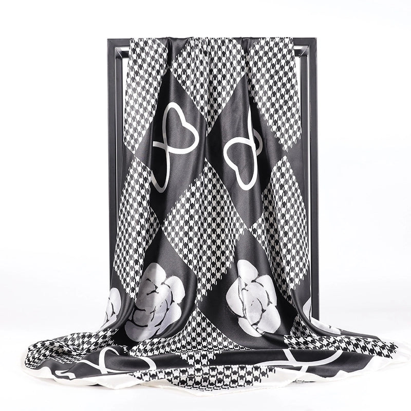 Women's Elegant Printing Color Block Satin Printing Silk Scarf