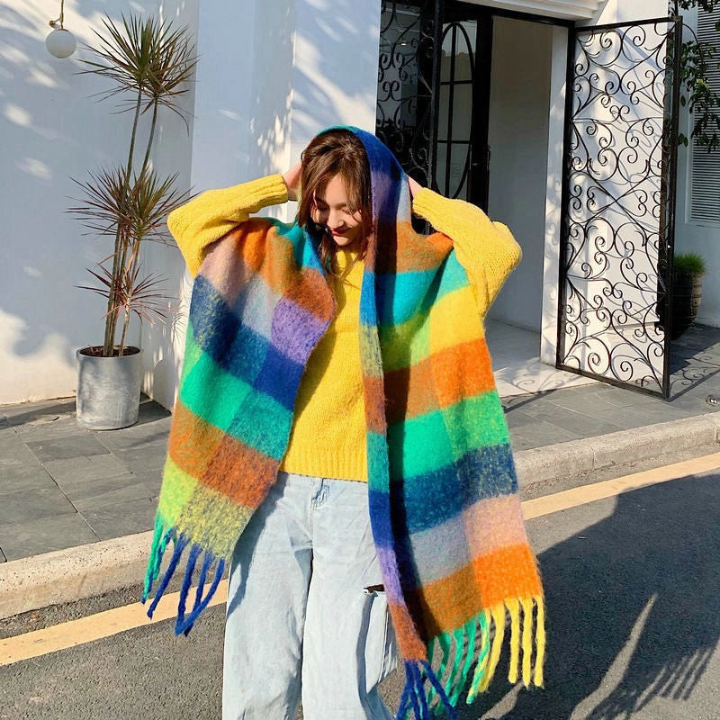Rainbow Plaid Scarf Women's Autumn And Winter Thickened Mohair Student Couple Contrast Color Matching Thickened