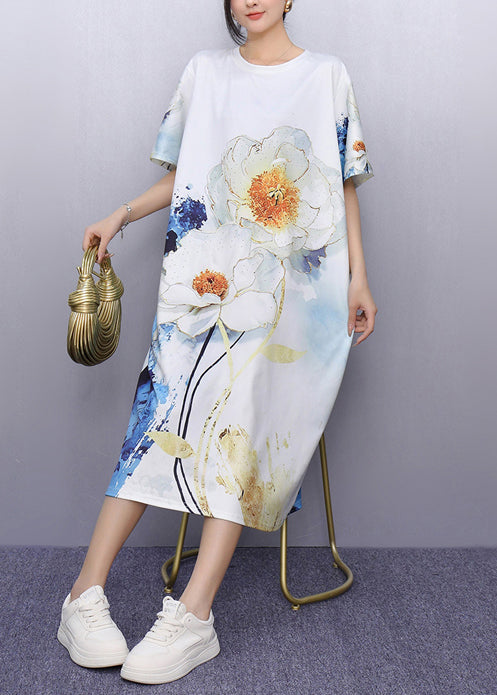 Unique White Print Cotton Straight Dresses Summer