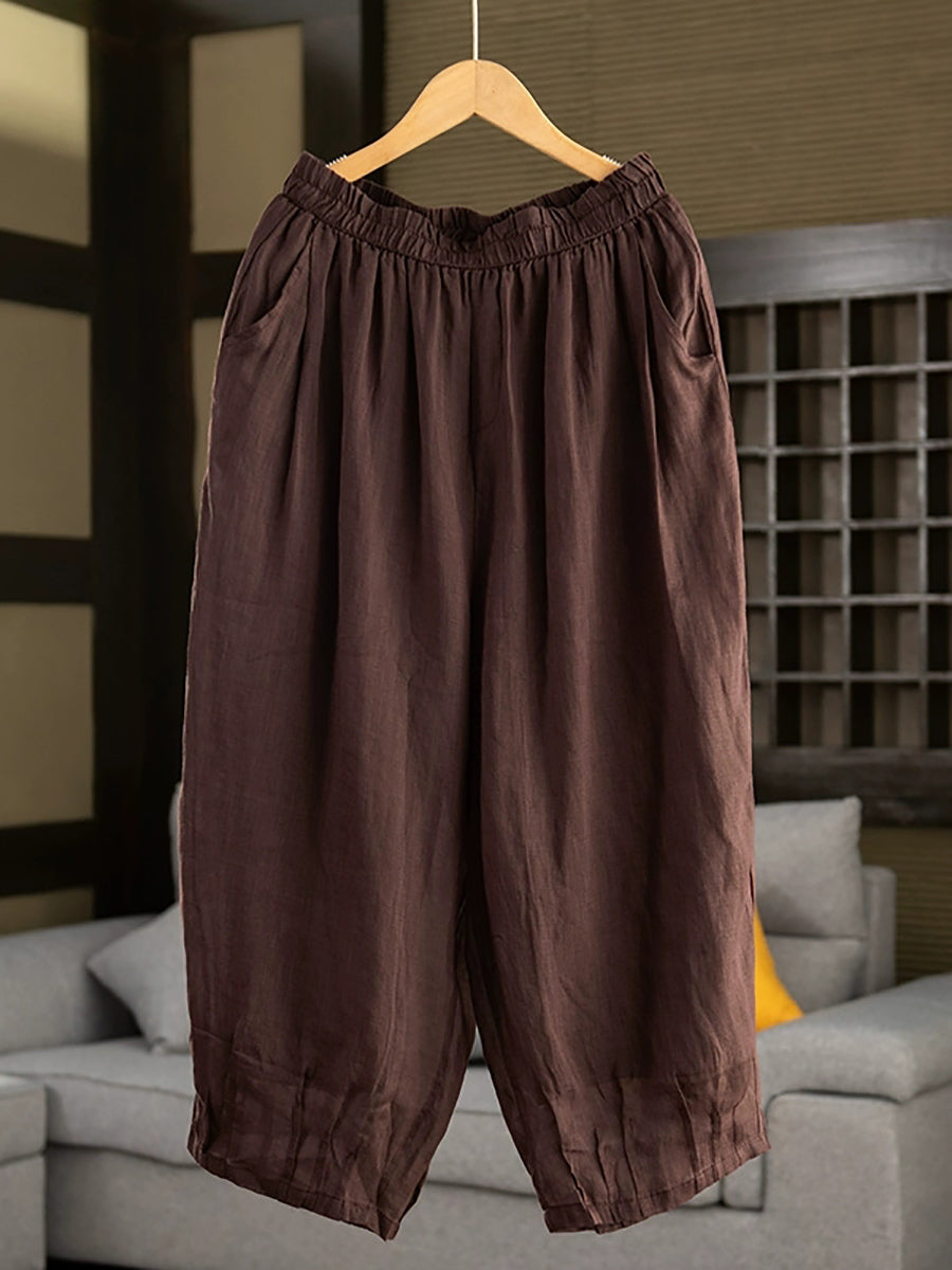 Women Summer Retro Pure Color 100%Ramie Bloomers