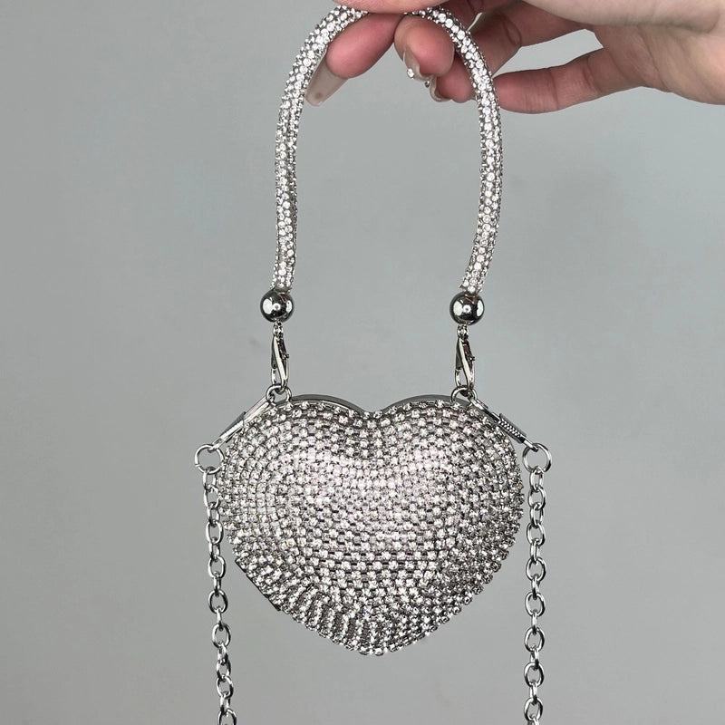 Silver Tassel Love Portable Silver Big Diamond Love Portable Silver Small Diamond Love Portable Plastic Metal Heart Shape Tassel Heart-shaped Evening Bags