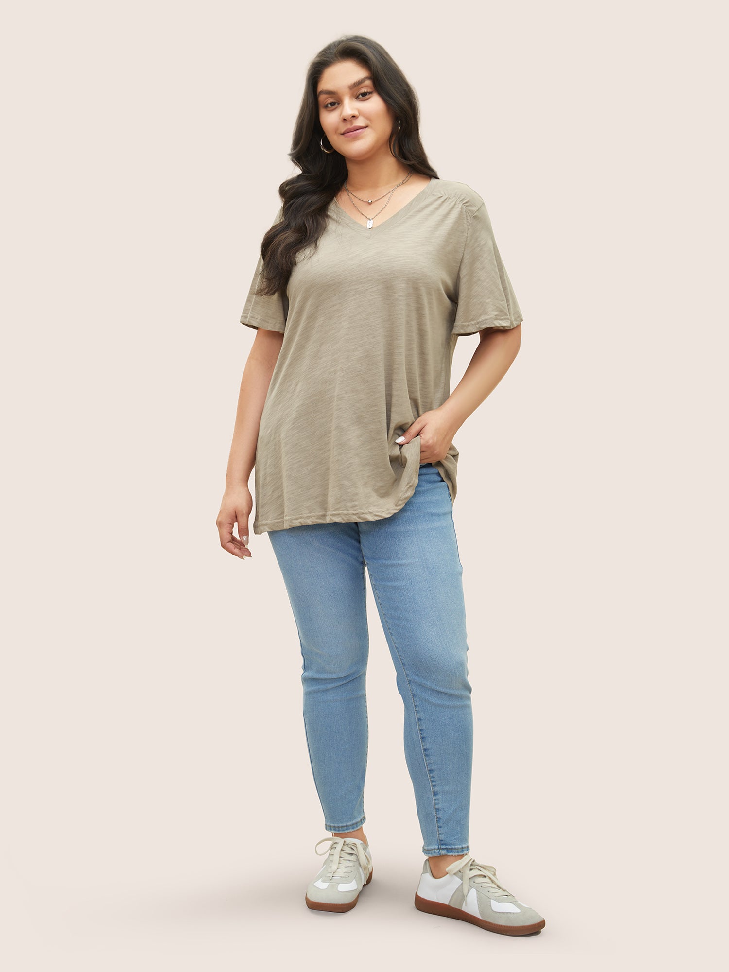 Plain Ruffle Sleeve Heather V Neck T-shirt