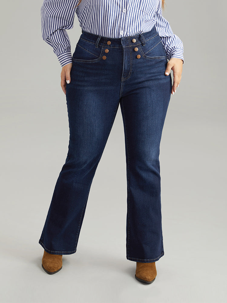 Flare Leg Button Detail High Rise Jeans