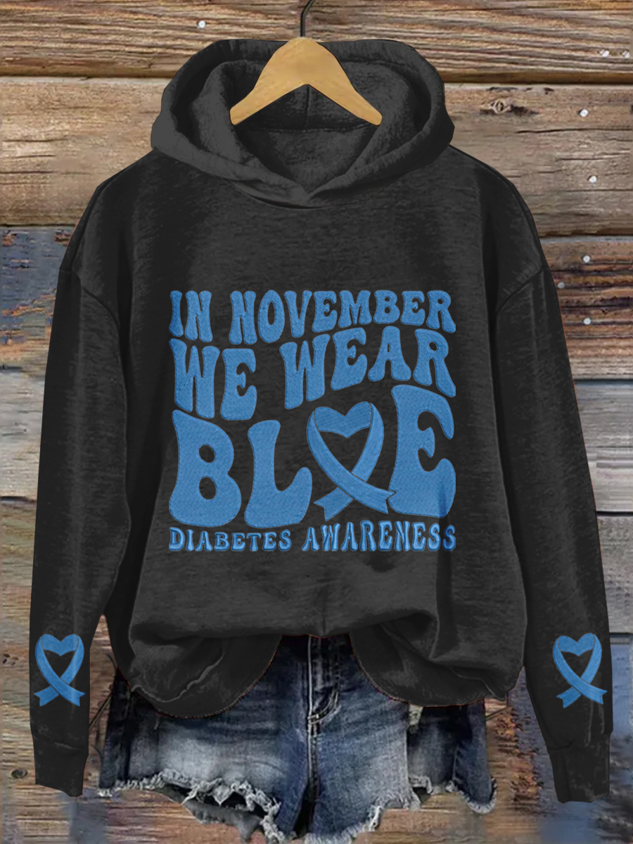 Blue Diabetes Awareness Print Long Sleeve Hoodie