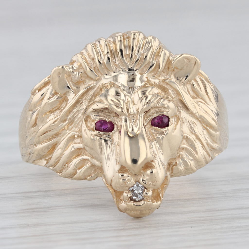 Ruby Diamond Lion Ring 10k Yellow Gold Size 10 Men's