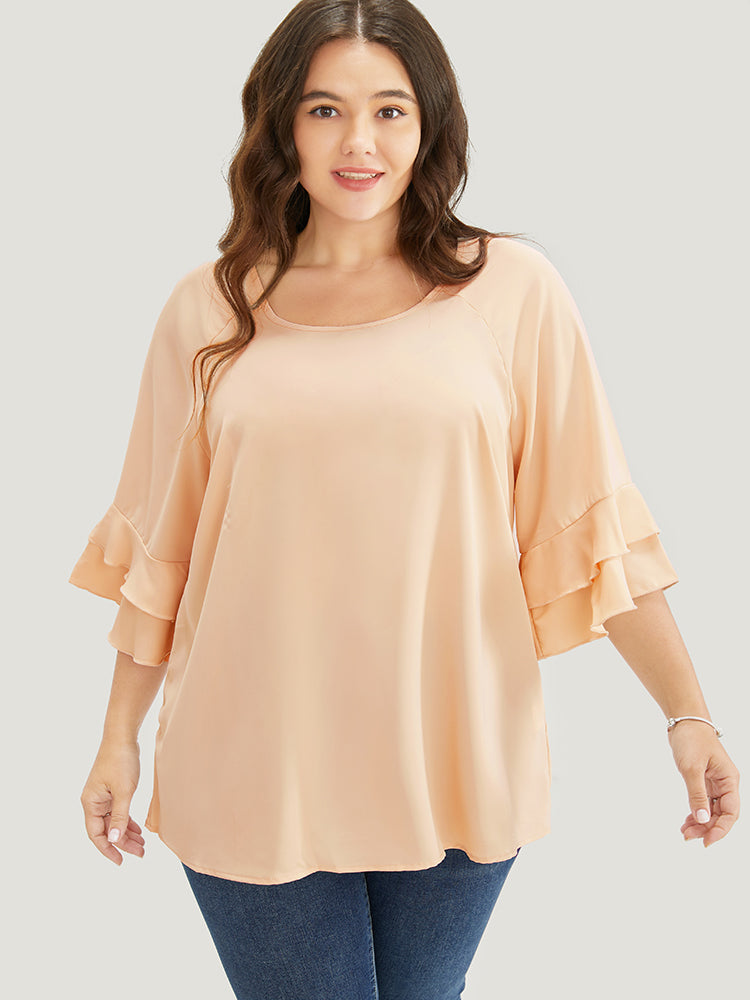 Plain Ruffle Tiered Round Neck Blouse