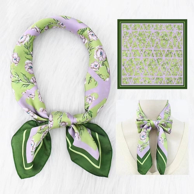 2 Pieces Women's Elegant Plaid Flower Horse Satin Silk Scarf