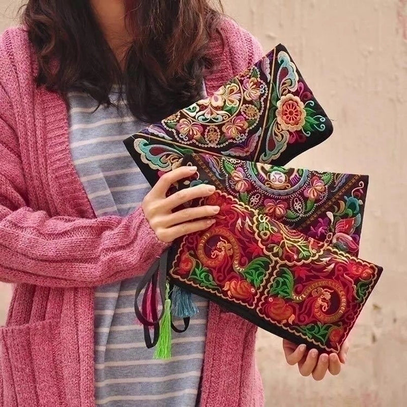 Ethnic Style Floral Embroidery Square Zipper Coin Purse
