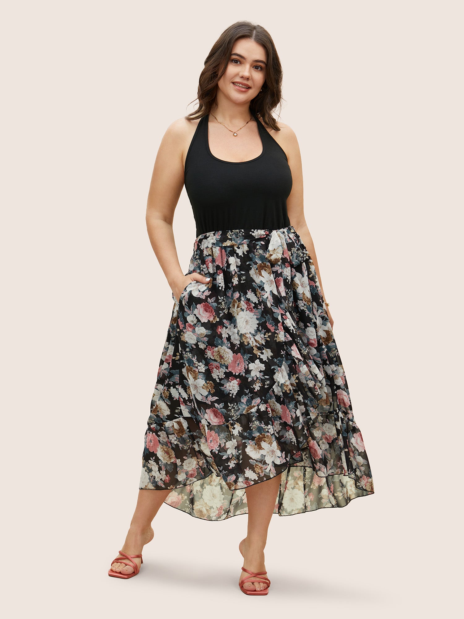Halter Neck Patchwork Floral Belted Dress
