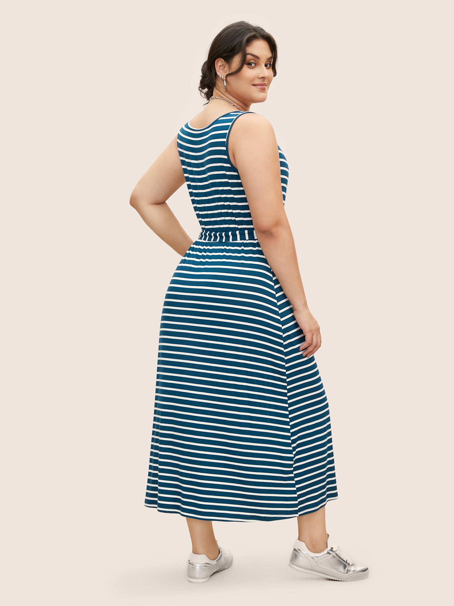 U Neck Striped Belted Tank Dress