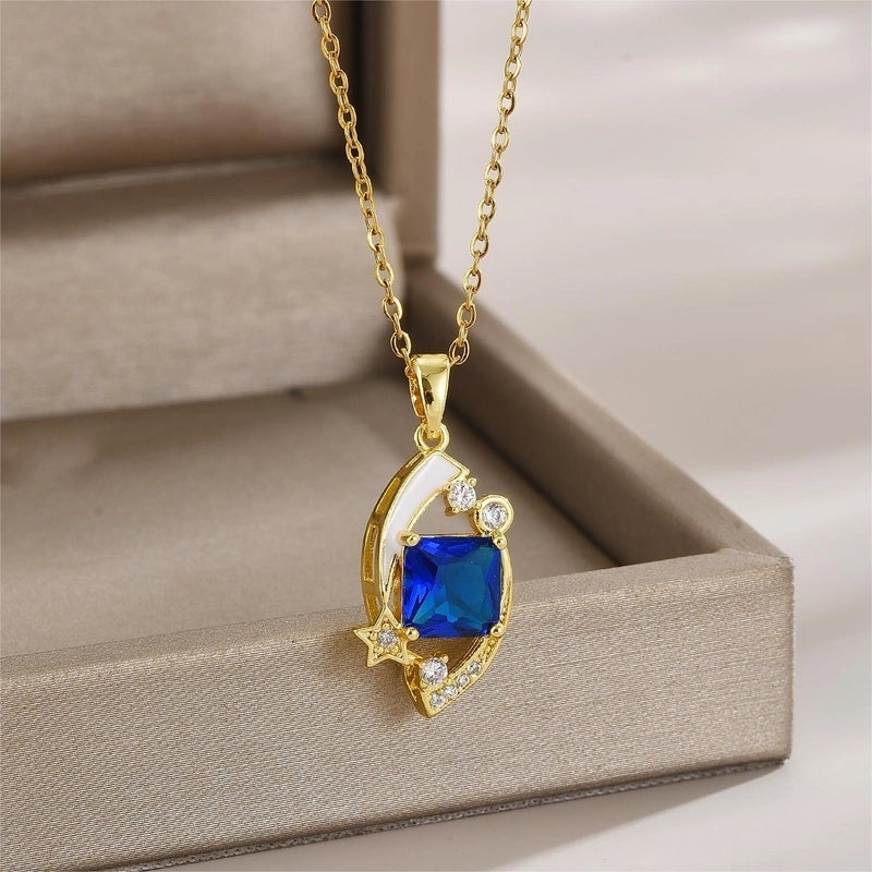 Elegant Minimalist Leaf Flower Bow Knot Titanium Steel Zircon Plating Pendant Necklace