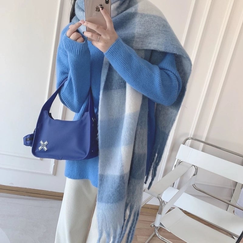 Mohair Plaid Scarf Women's Winter  Versatile Tassel Student Long Thickened Warm Scarf Large Shawl Fashion