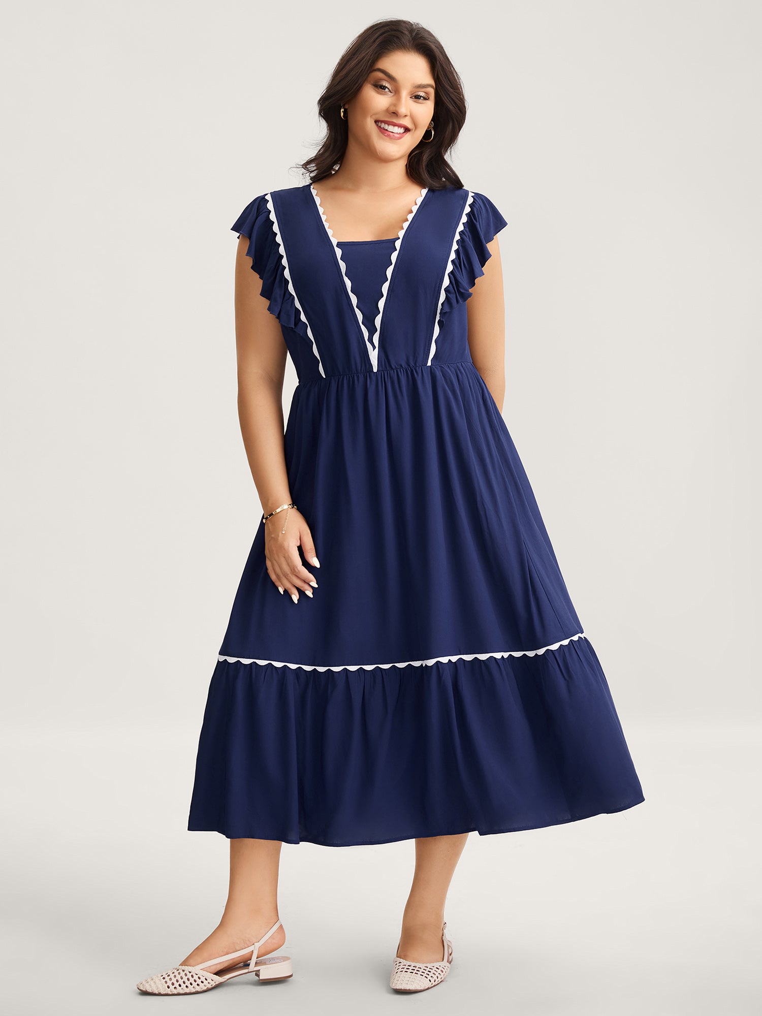 Rayon Collar Ribbon Contrast Pockets Midi Dress