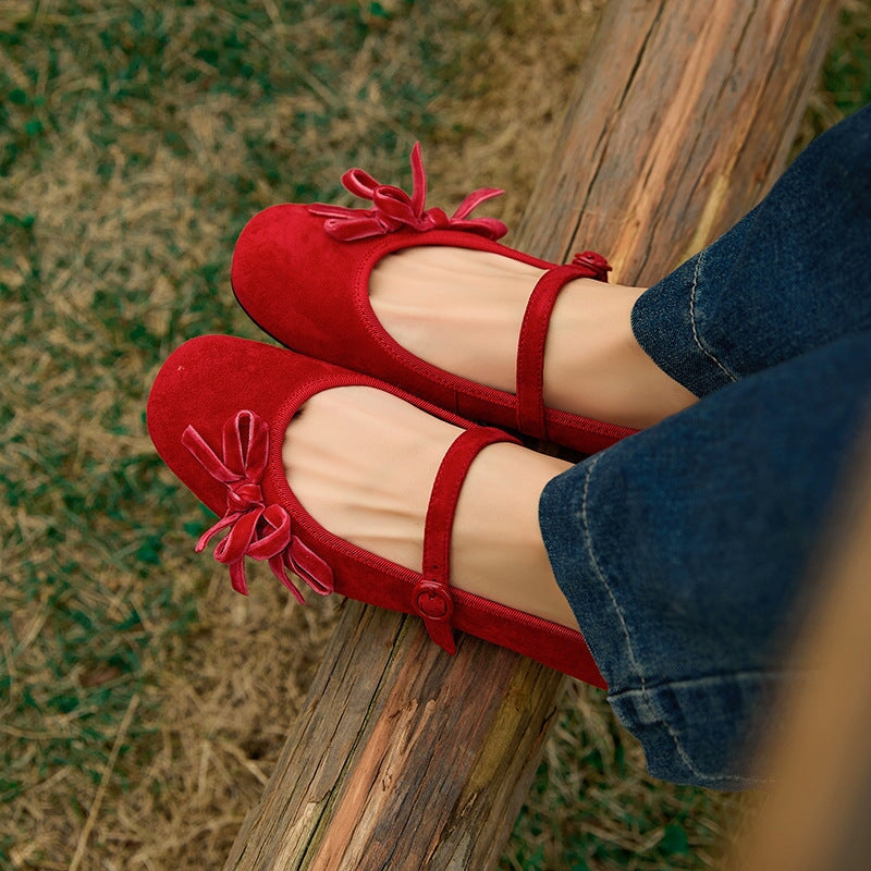 Round-Toe Sheepskin Mary Jane Flats with Bow Design Red/Black