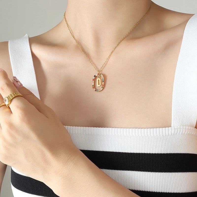INS Style Letter Oval Titanium Steel Zircon 18K Gold Plated Inlay Necklace