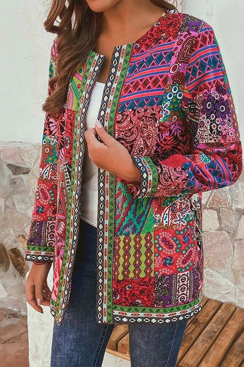 Retro Printing O Neck Outerwear(3 Colors)