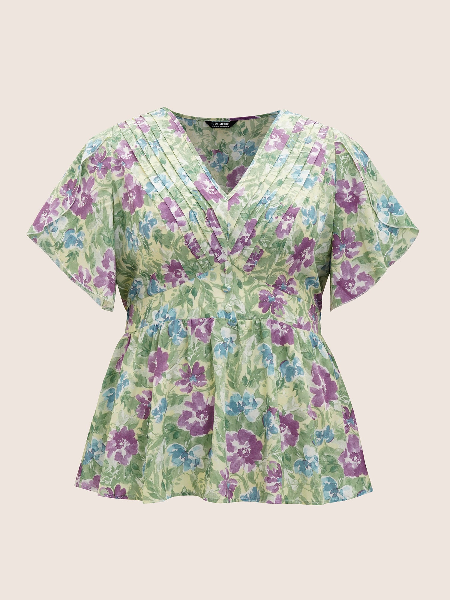 V Neck Floral Petal Sleeve Pleated Blouse