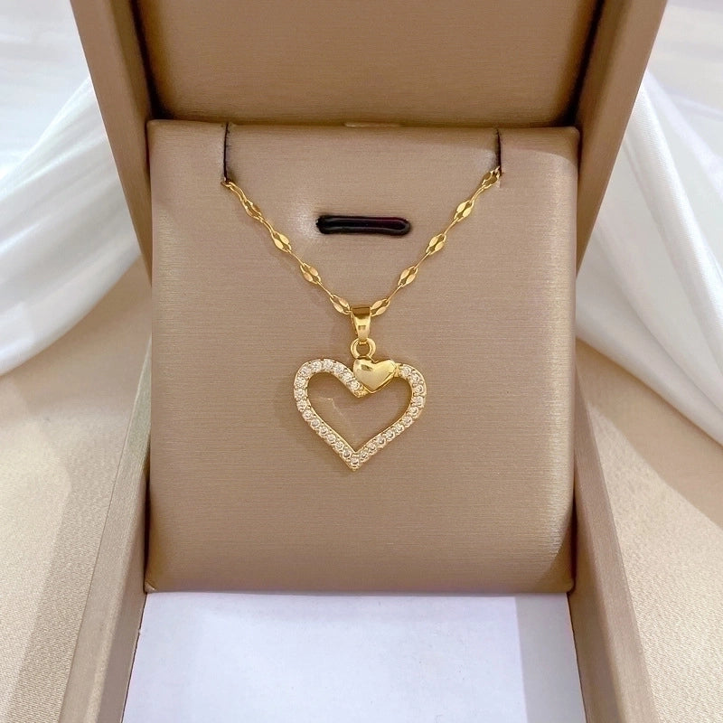 2 Pieces Minimalist Classic Style Geometric Heart Shape Titanium Steel Copper Zircon Pendant Necklace In Bulk