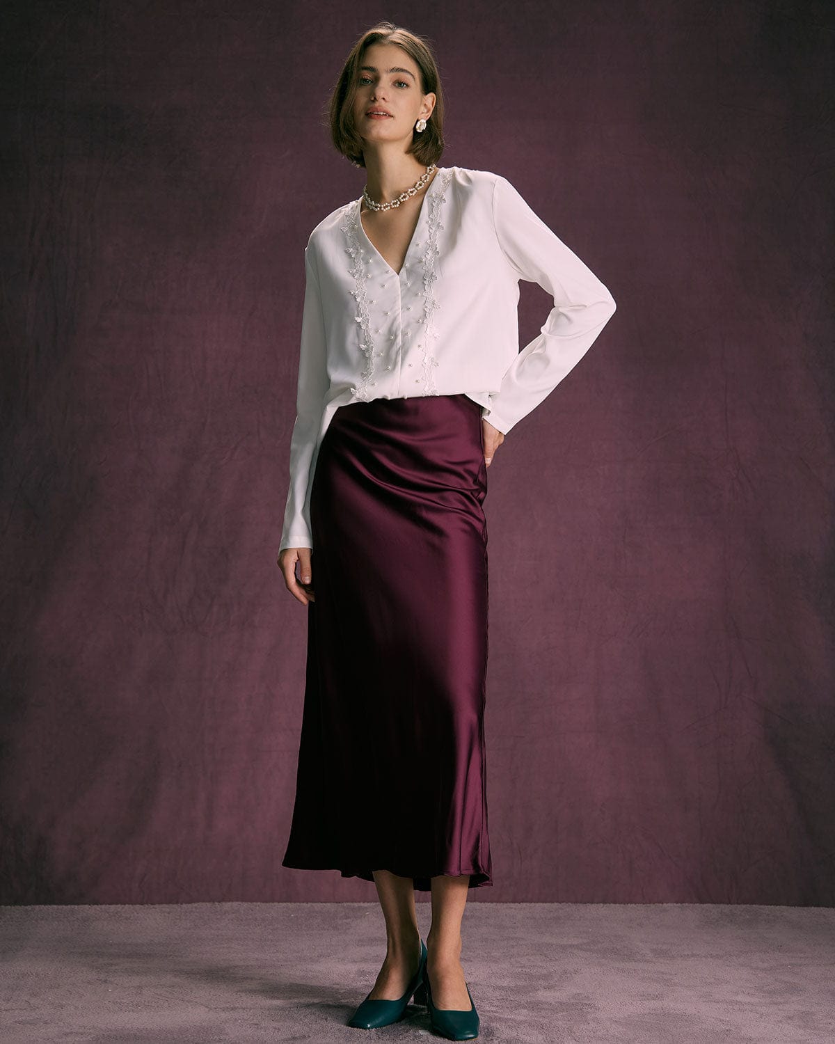 The White V Neck Lace Trim Pearls Blouse