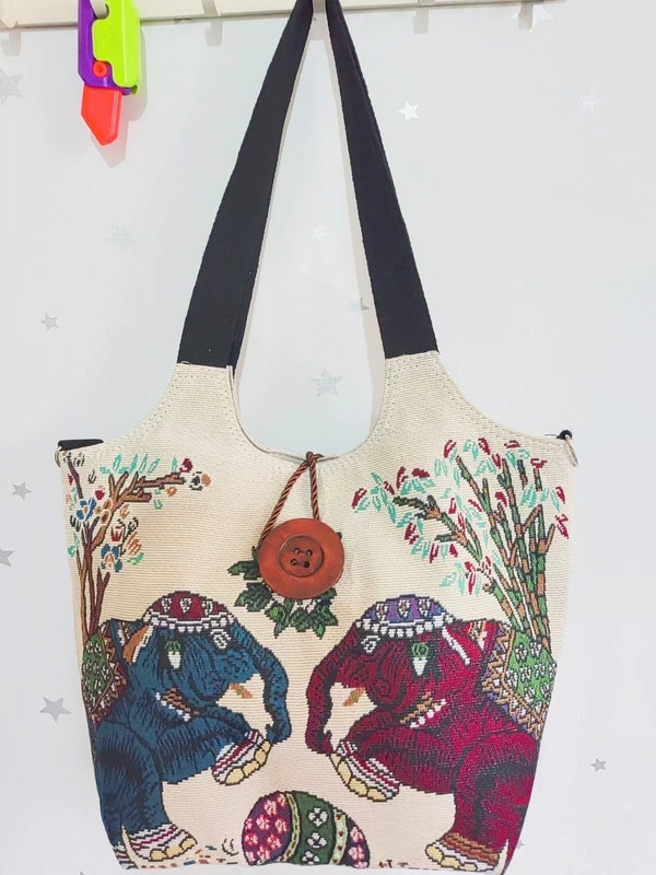 Women's Large Canvas Elephant Ethnic Style Square Zipper Shoulder Bag
