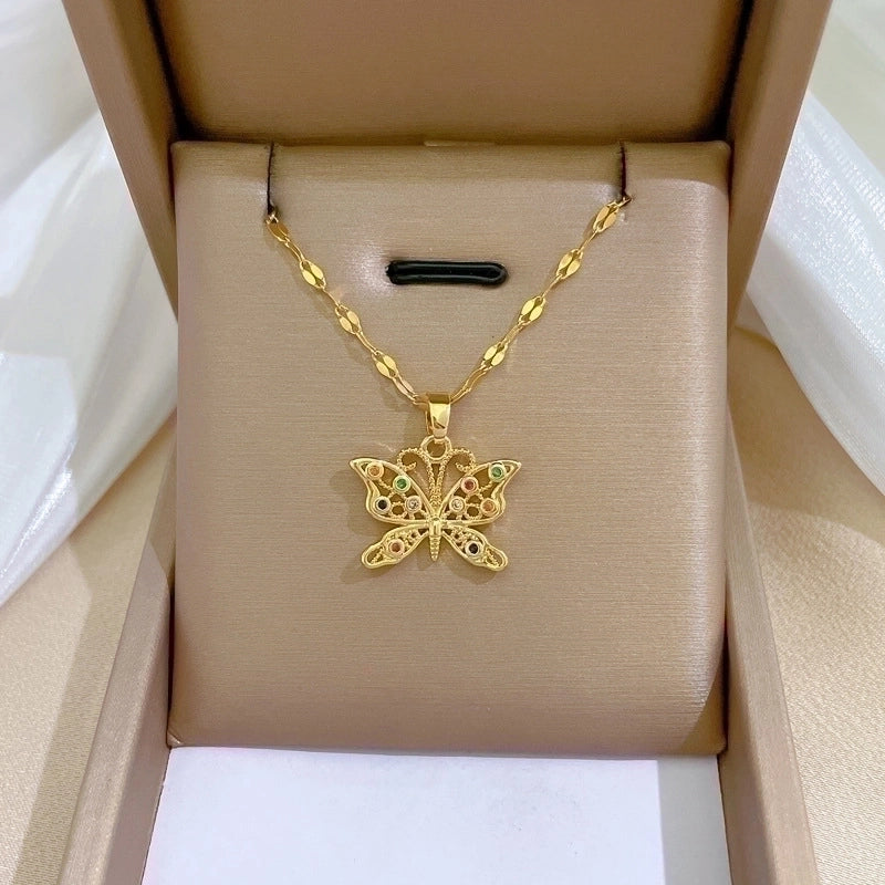 Minimalist Butterfly Titanium Steel Copper Plating Inlay Zircon Pendant Necklace
