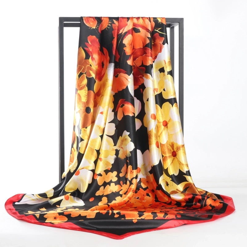 Women's Elegant Formal Peacock Flower Satin Silk Scarf