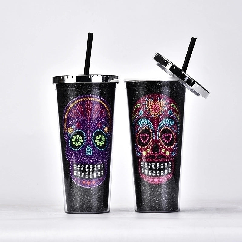 New Double-layer Plastic Straw Cup Creative Halloween Skull Head Large Capacity Drink Cup