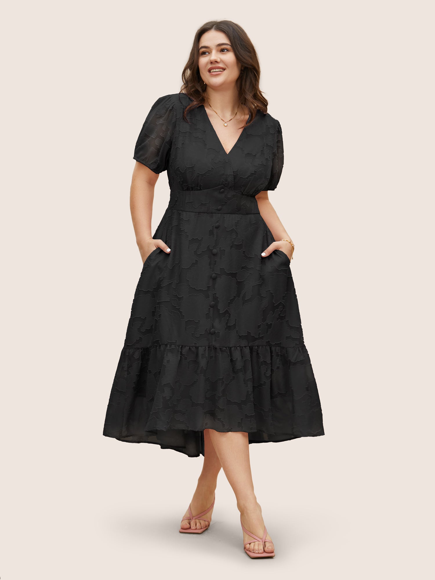 Solid Textured Lantern Sleeve Button Detail Dress