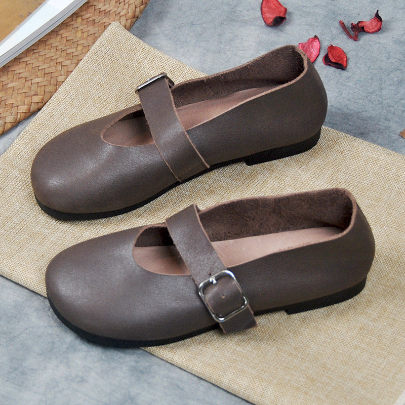 Handmade Women's Calf Leather Mary Jane Shoes Round Toe  Soft Sole Buckle Slip On Black/Beige/Faint Yellow